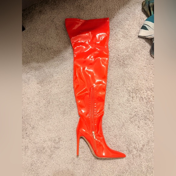 Orange Patent Leather Knee-High Boots - Picture 1 of 2